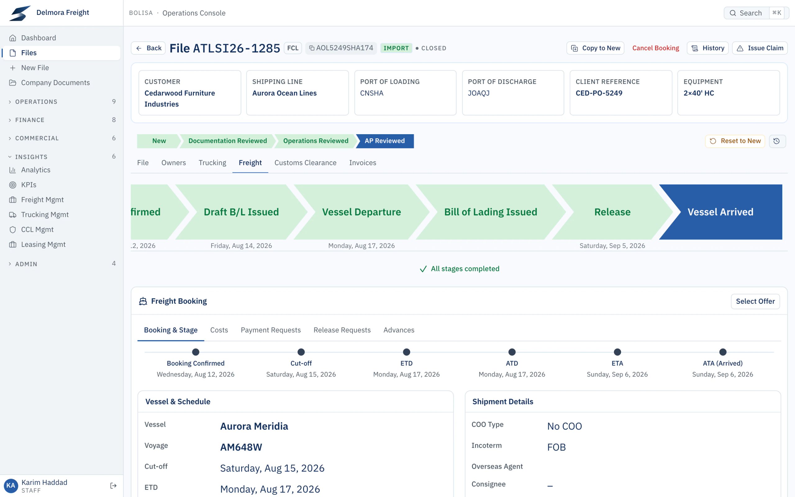 The freight booking on a shipment file: every stage from booking to vessel arrival with dates, vessel, voyage and incoterm.